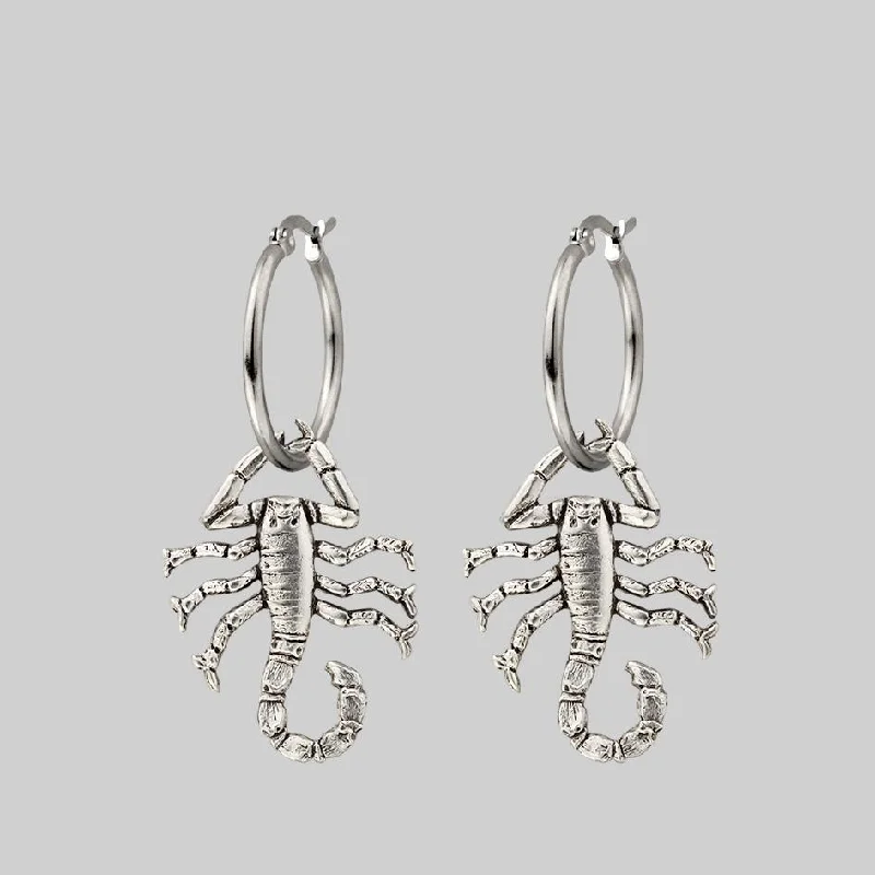 Delicate silver hoop earrings for ladies -NOXIOUS. Scorpion Hoop Earrings - Silver