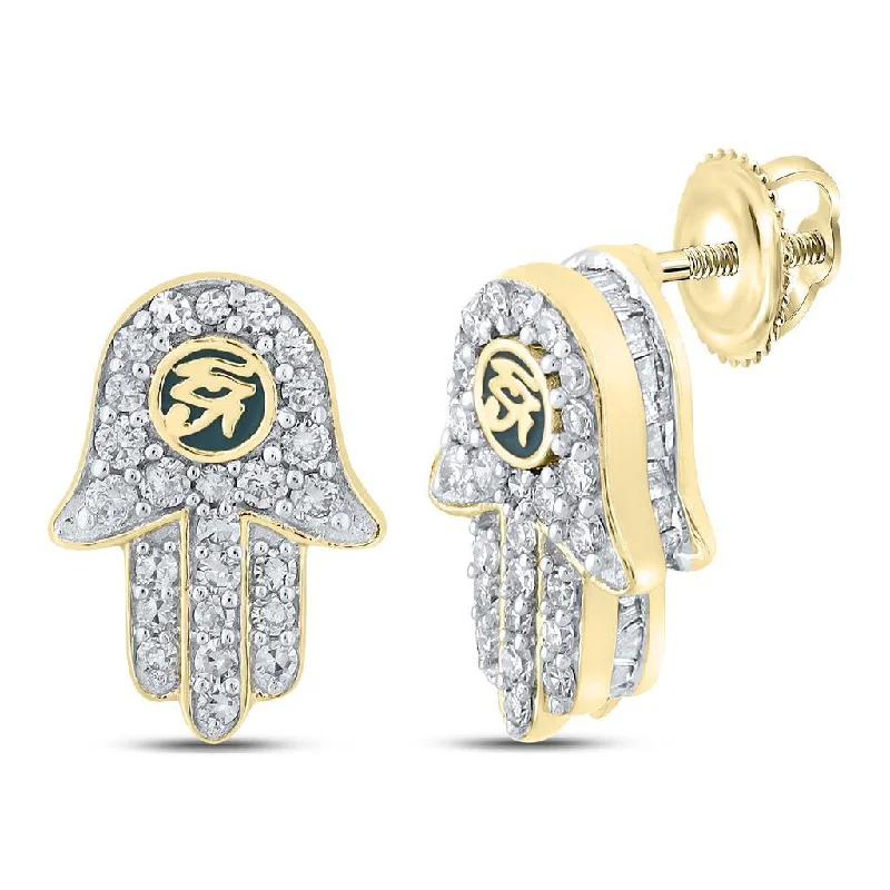 Trendy gemstone hoop earrings for ladies -Hamsa 3D Baguette Diamond Earrings .75cttw 10K Yellow Gold