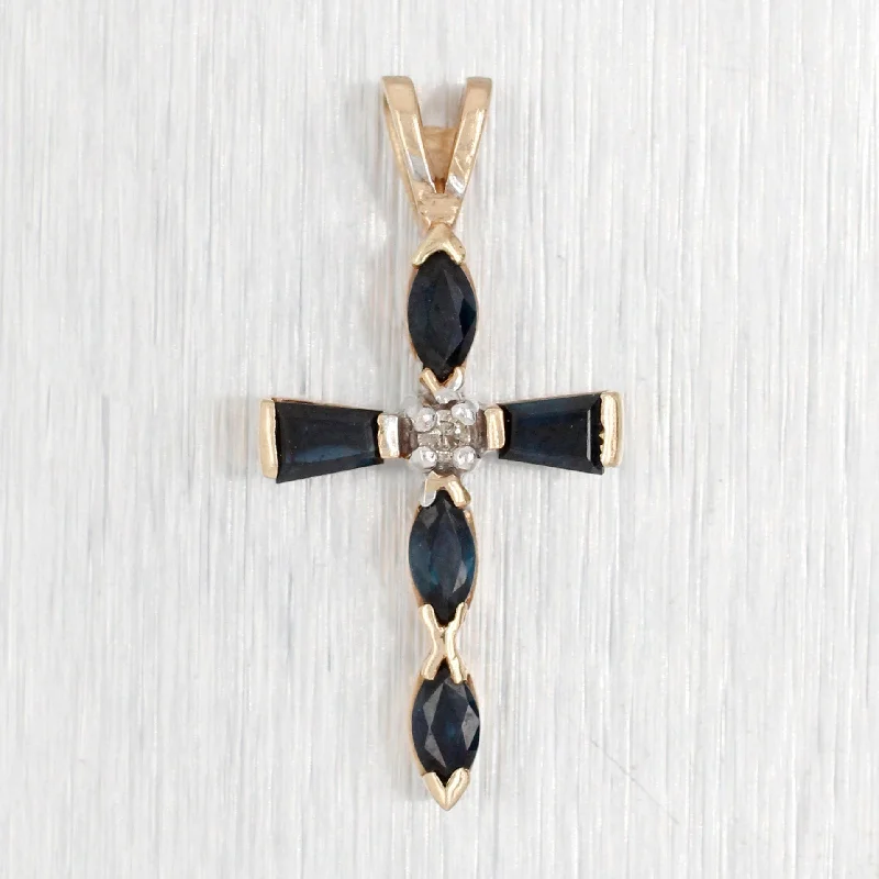 Classic pearl necklaces for women -Vintage 0.50ctw Blue Sapphire & Diamond Cross Pendant - 14k Yellow Gold Charm