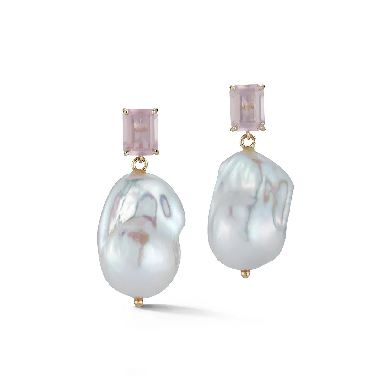 Ladies unique moon phase earrings -14kt Rose Quartz and Baroque Pearl Drop Earrings