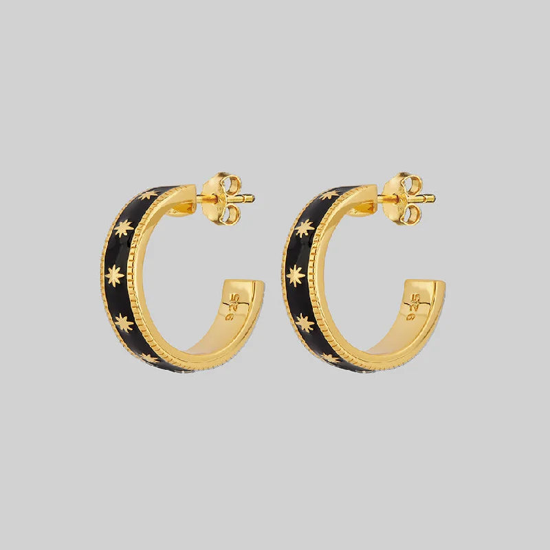 Classic gold chain earrings for women -VYVIAN. Tiny Stars Black Enamel Hoop Earrings - Gold