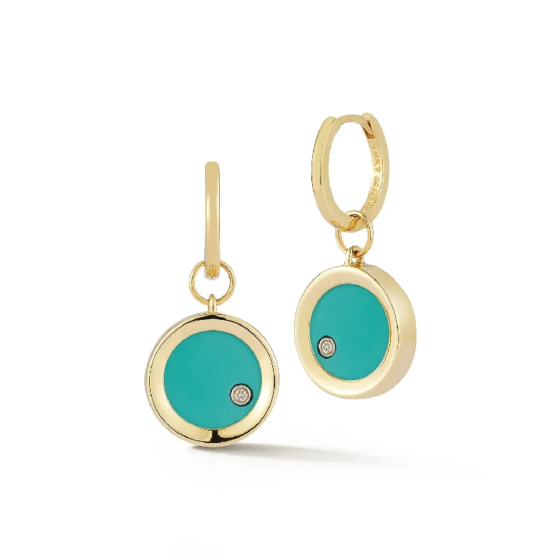 Trendy silver dangle earrings for ladies -14kt Turquoise Diamond Dot Drop Earrings