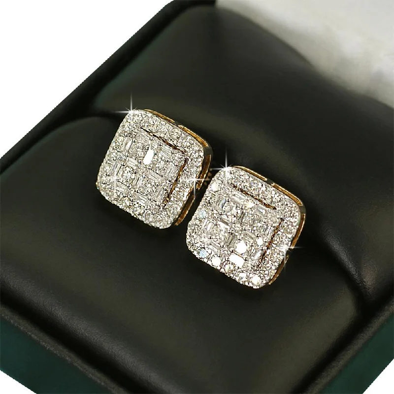 Delicate silver hoop earrings for ladies -Large Baguette Cushion Diamond Earrings 1.30cttw 10K Yellow Gold