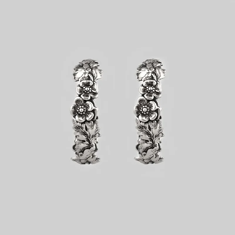 Elegant silver stud earrings for women -DAHLIA. Floral Garland Hoop Earrings - Silver