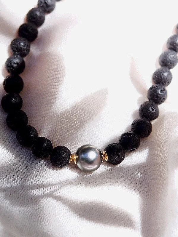 Ladies vintage sapphire necklaces -Black Lava Tahitian Pearl Necklace - Roselani