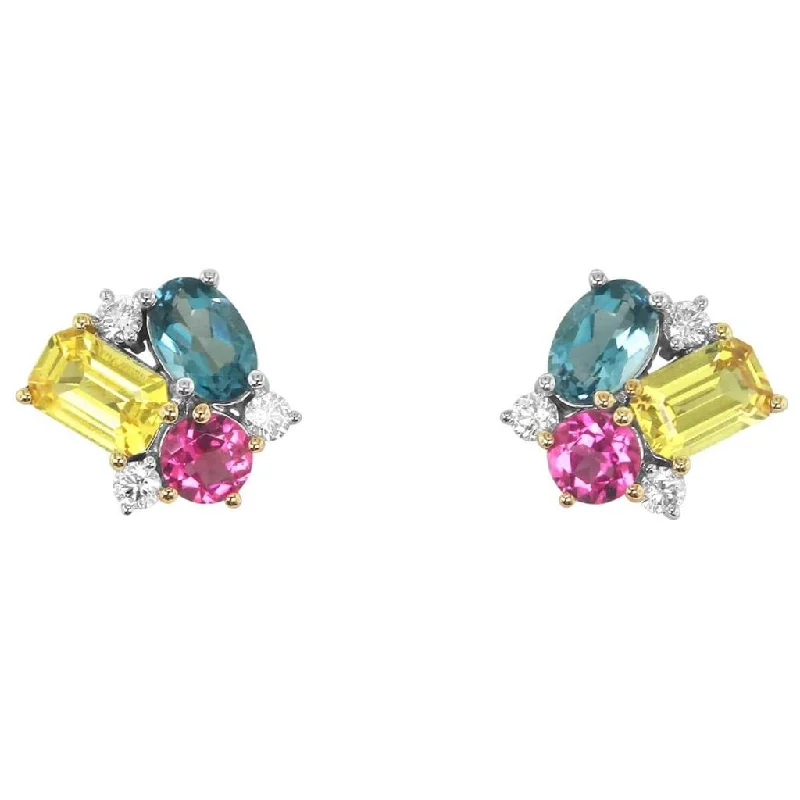 Ladies vintage sapphire earrings -14K Tri-Color 'Tesserae' Rainbow Rose Cluster Earrings