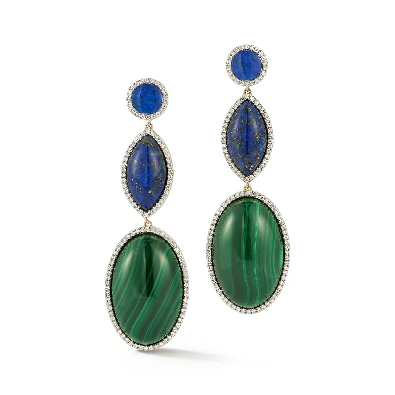 Elegant silver drop earrings for women -14kt Opal, Lapis and Malachite Tiered Earrings