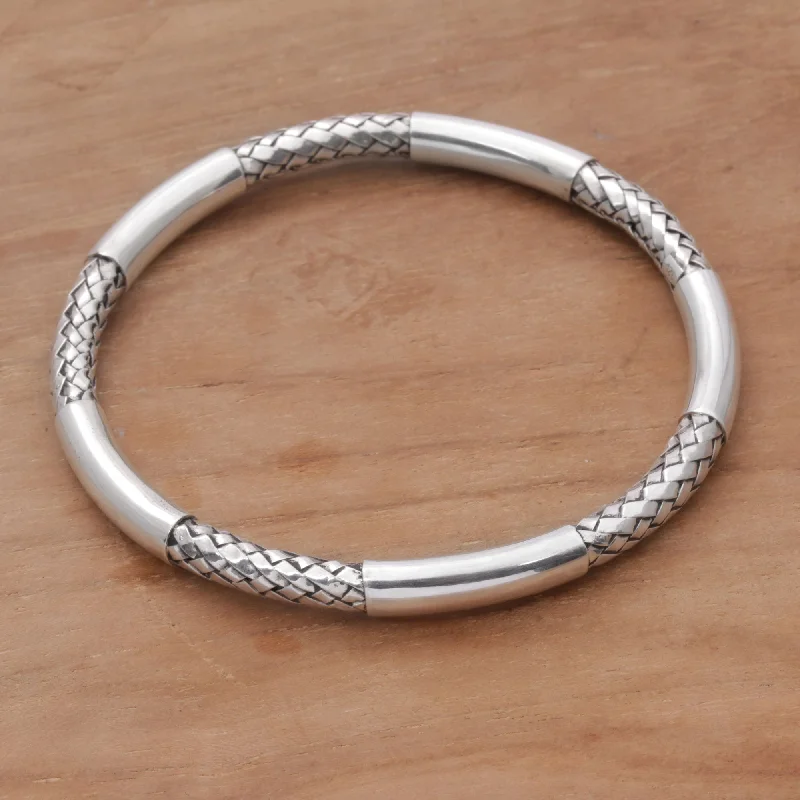 Elegant sapphire tennis bracelets for ladies -Bali Show Sterling Silver Woven Motif Bangle Bracelet by Bali Artisans