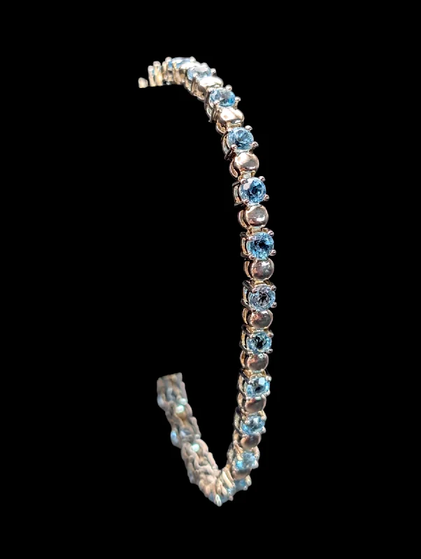 Ladies moonstone charm bracelets -Vintage Round Cut Genuine Sky Blue Topaz Sterling Silver Tennis Bracelet