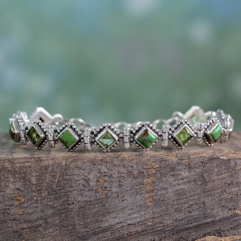 Ladies unique geometric cuff bracelets -Bollywood Forest Peridot Turquoise & Silver Bracelet