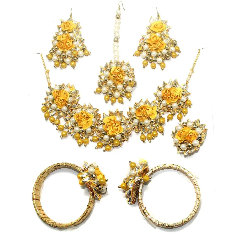 Ladies sparkling onyx bracelets -Gotta Patti Necklace Set with Maang Tikka, Earrings, Ring and Bangle Yellow