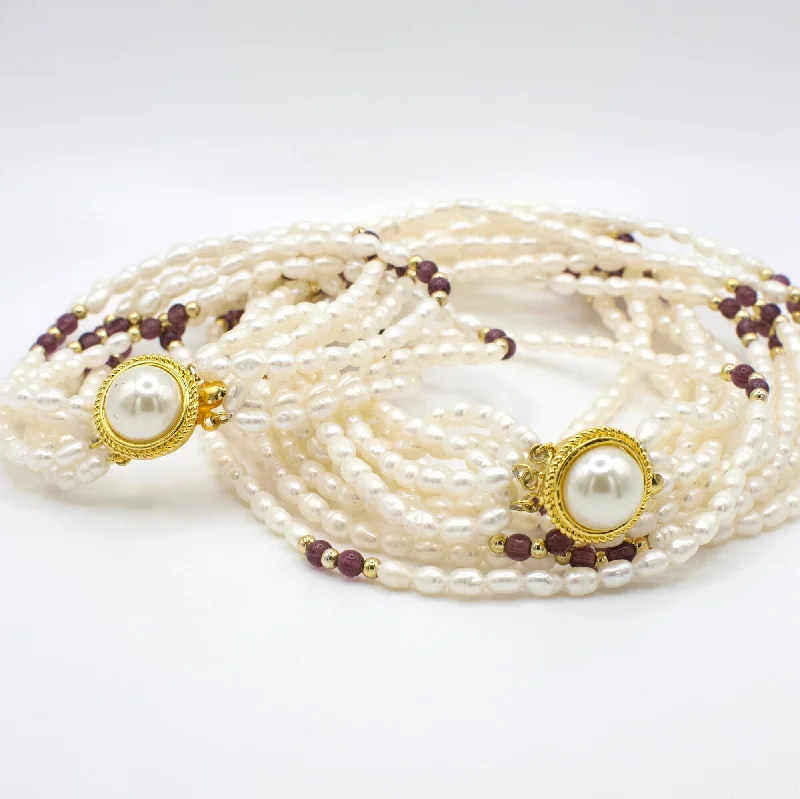 Simple gold cuff bracelets for women -Vintage Gold Tone Multi-strand Rice Pearl Necklace and Bracelet Set