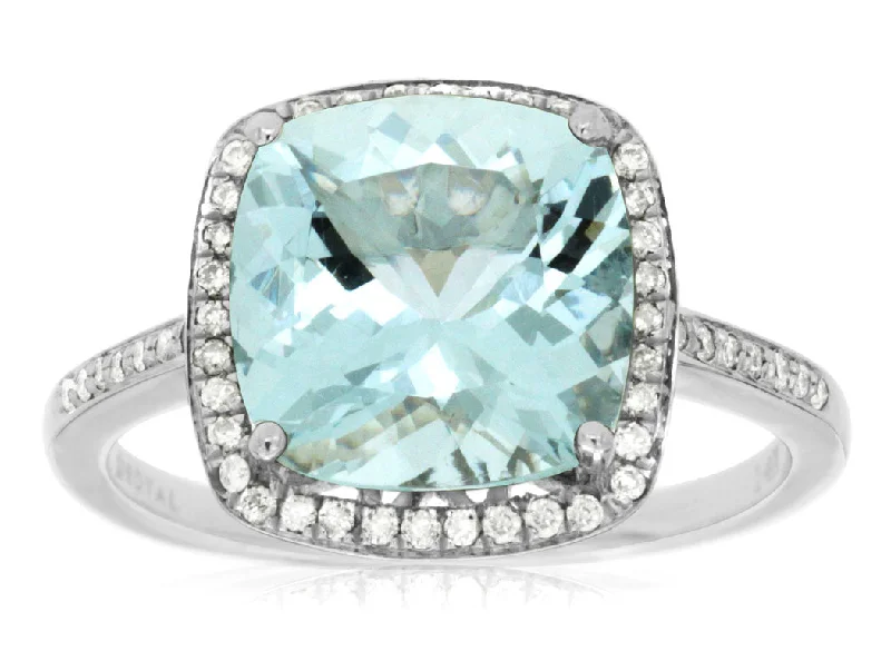 Modern gold band ring for women -14k White Gold Aquamarine and Diamond Ring