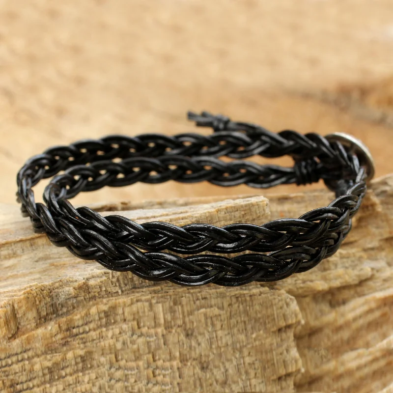 Vintage pearl bangle bracelets -Black Braid Black Braided Leather Bracelet with Hill Tribe Silver