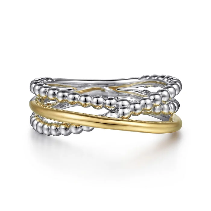 Modern stackable ring for ladies -Criss Cross Ring in 14K Yellow Gold & Sterling Silver