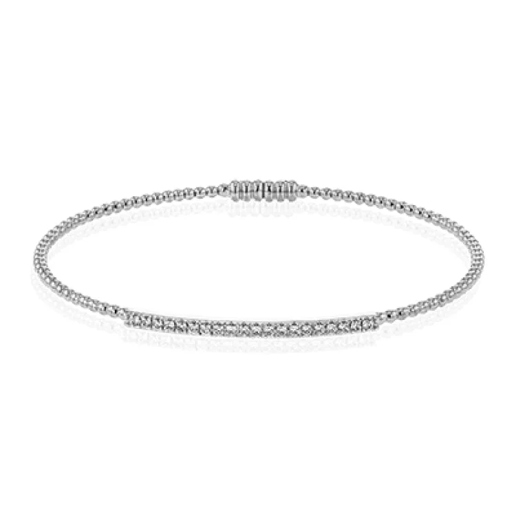 Modern rose gold bangle bracelets for women -18K white gold beaded bangle with a bar of shimmering diamonds in the center 0.26 ctw, and a magnetic closure