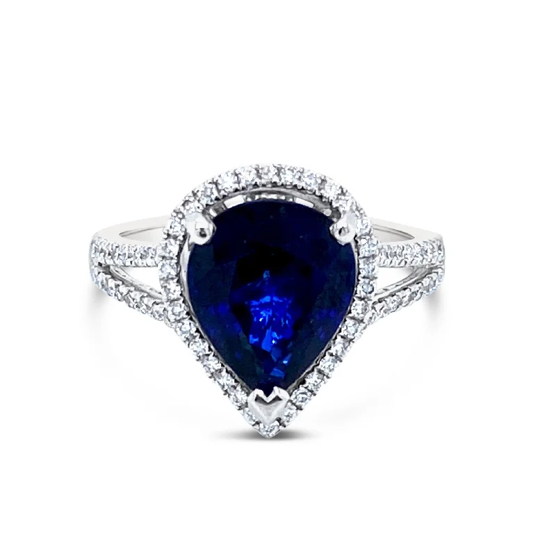 Ladies diamond ring -Halo set  Split Sided Pear shape Sapphire & Diamonds"Margo" Ring