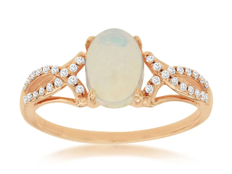 Ladies minimalist gemstone ring -14k Rose Gold Opal and Diamond Ring