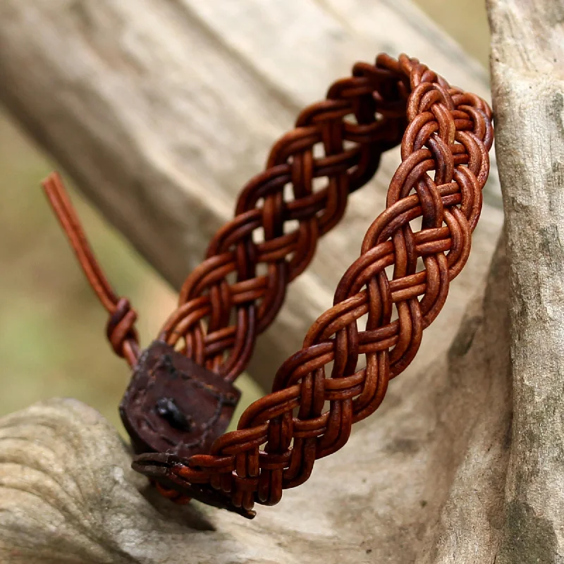 Ladies bold turquoise bracelets -Braided Paths in Brown Brown Leather Braided Bracelet from Thailand