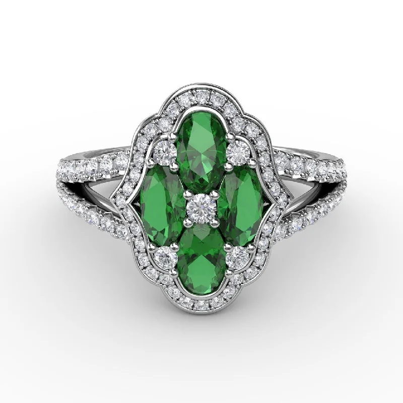 Ladies marquise cut ring -Diamond & Emerald Cocktail Ring in 14K White Gold