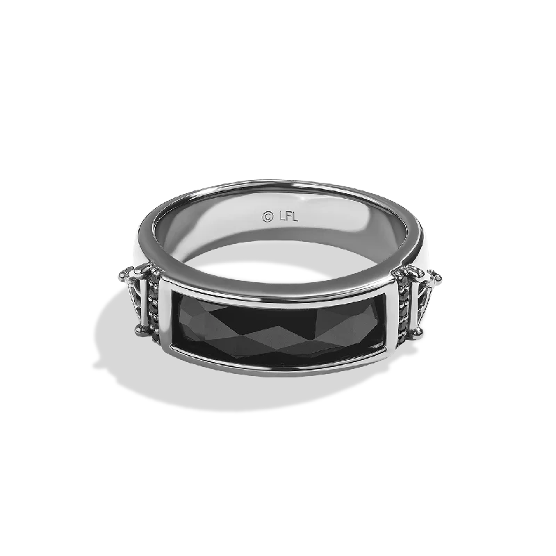 Modern stackable ring for ladies -DARK ARMOR MEN'S RING 1/10 CT.TW. Black Diamonds, Black Onyx, Sterling Silver with Black Rhodium