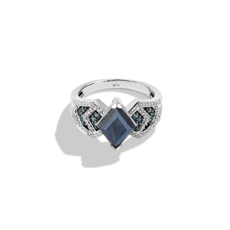 Ladies platinum ring -AHSOKA TANO™ WOMEN'S RING 1/5 CT.TW. Diamonds, Special Cut Labradorite and Swiss Blue Topaz in Sterling Silver and Black Rhodium