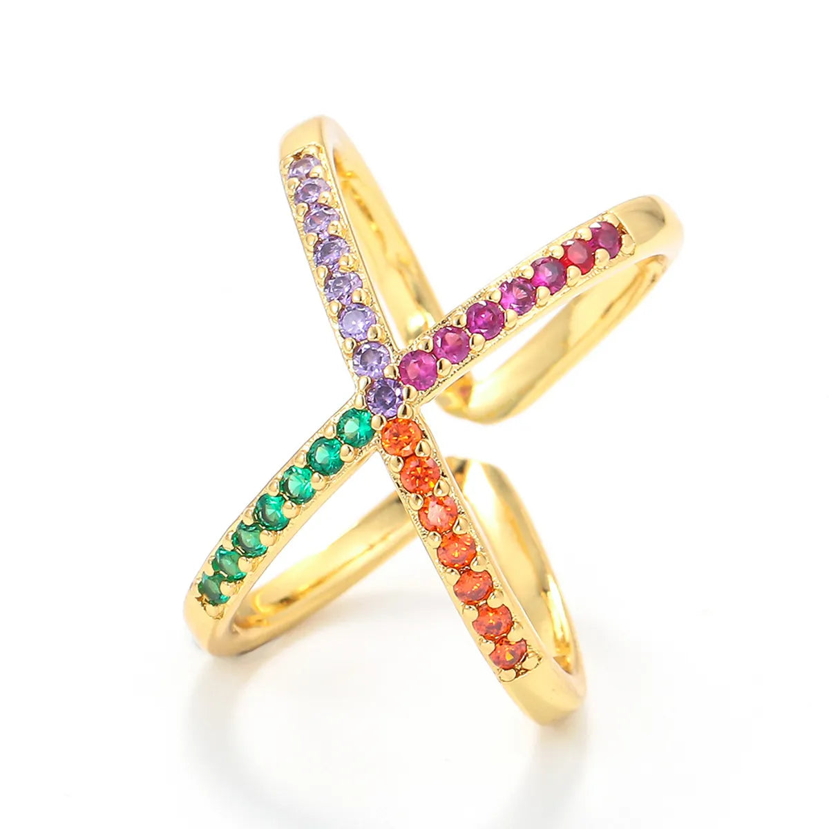 Ladies topaz ring -Simple Geometric Irregular Hollow Cross Copper Inlaid Color Zircon Ring Wholesale Gooddiy