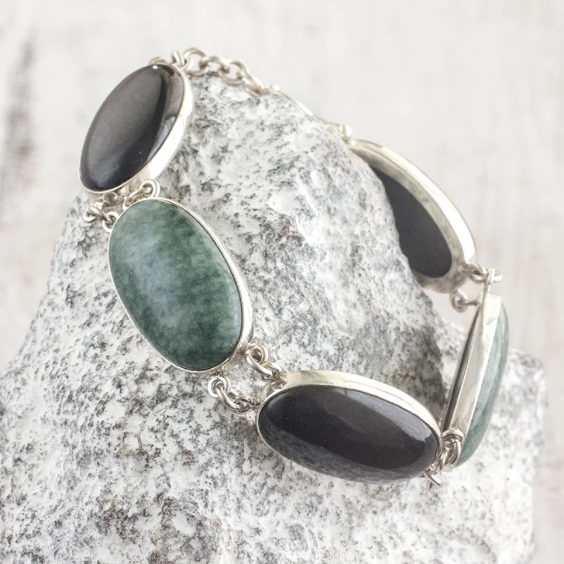 Elegant silver cuff bracelets for women -Black and Green Tonalities Black and Forest Green Jade and Silver Bracelet