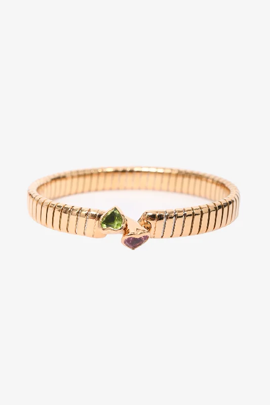 Ladies minimalist gold bangle bracelets -Bvlgari 18K Yellow Gold Double Heart Peridot Tourmaline Bangle