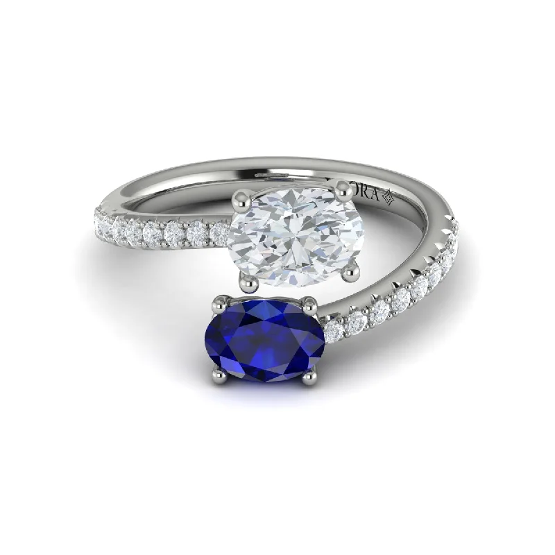 Ladies floral gemstone ring -Two Stone Sapphire Bypass Engagement Ring in 14K White Gold