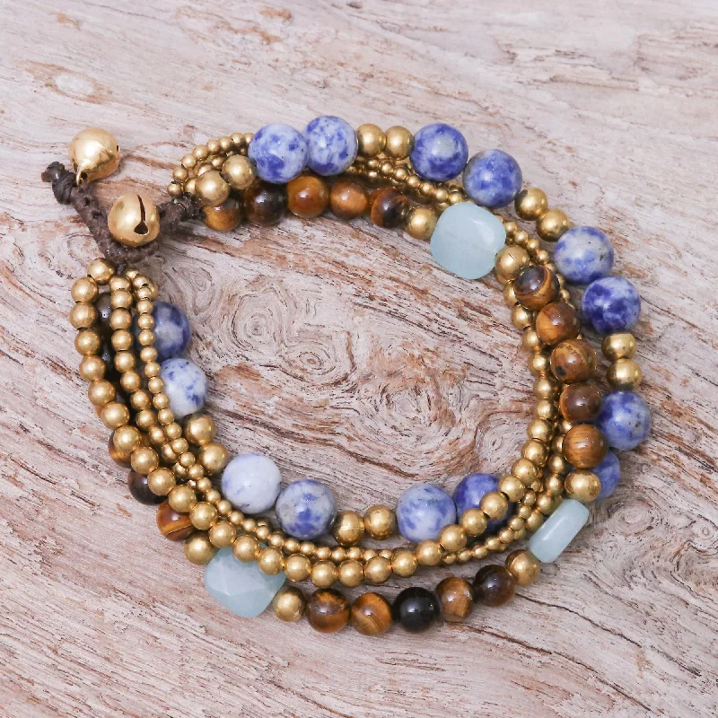 Trendy gemstone cuff bracelets for ladies -Bohemian Melange Sodalite and Tiger's Eye Beaded Bracelet from Thailand