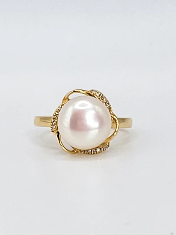 Minimalist stackable ring for women -14k Yellow Gold Button Pearl and Diamond Fashion Ring