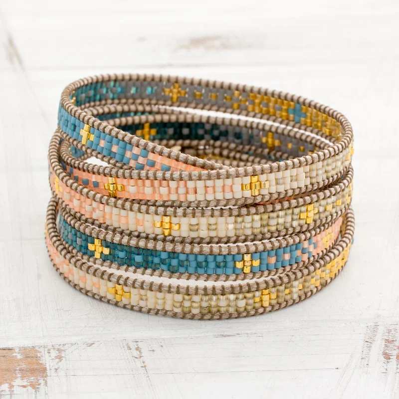 Elegant silver cuff bracelets for women -Cerro de la Cruz in Blue Glass Beaded Wrap Bracelet