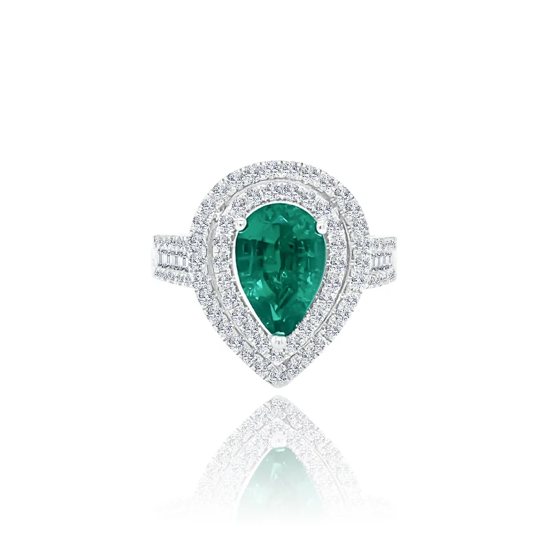 Statement silver ring for women -Double Halo Emerald & Diamonds "Taylor" Ring