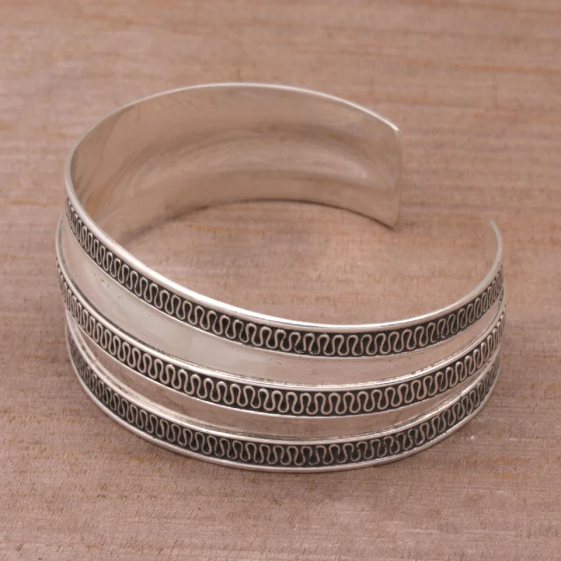 Modern geometric bangle bracelets for women -Balinese Ruffles Sterling Silver Cuff Bracelet