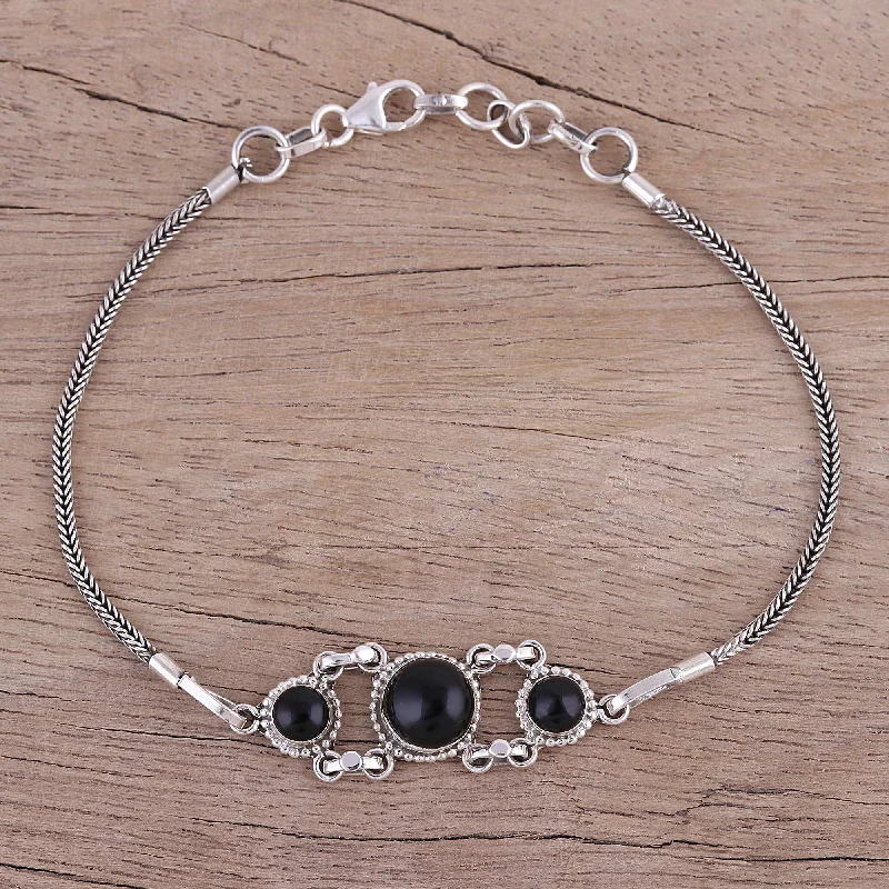 Ladies asymmetrical cuff bracelets -Bridge to Delhi Onyx Pendant Bracelet with Sterling Silver Foxtail Chain