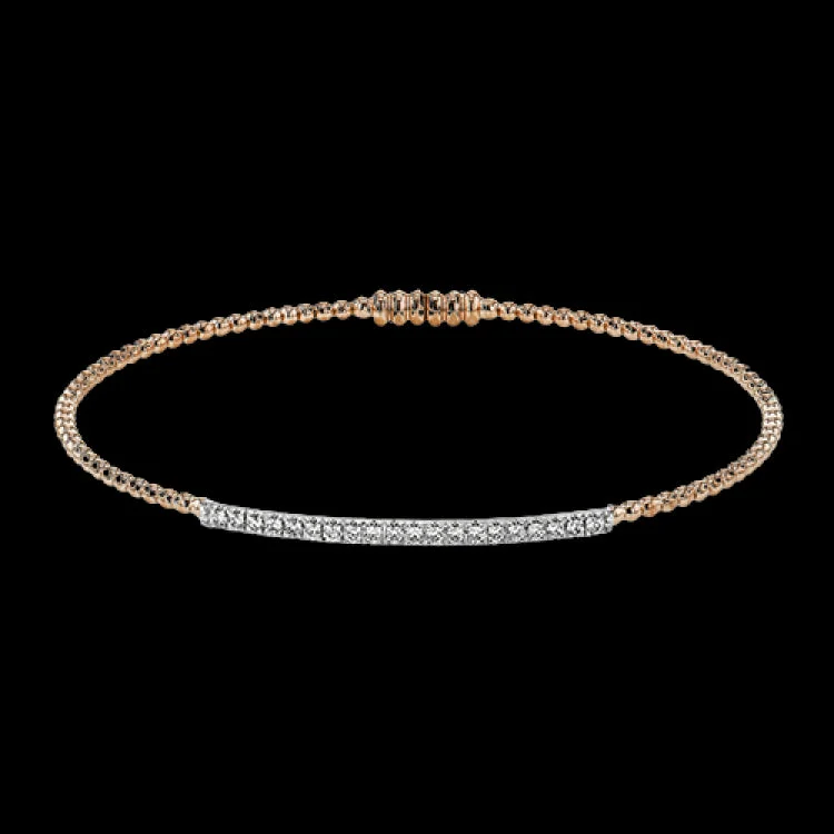 Elegant diamond chain bracelets for ladies -18K RG beaded bangle with a bar of shimmering diamonds in the center 0.28 ctw, and a magnetic closure