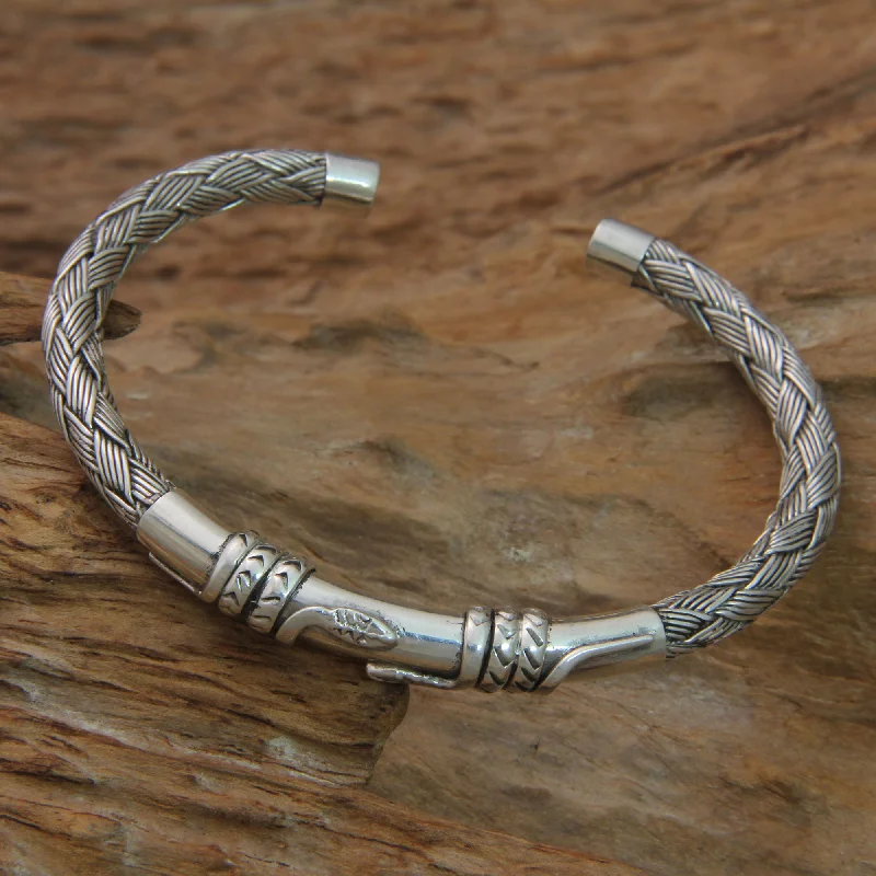 Ladies lightweight tennis bracelets -Balinese Serpents Snake Themed Sterling Silver Cuff Bracelet from Bali