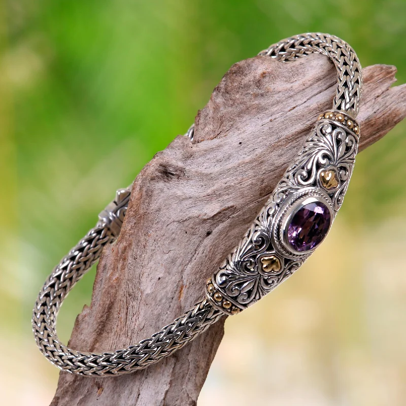 Ladies sparkling onyx bracelets -Bedugul Garden Handcrafted Balinese Gold Accent Silver Amethyst Bracelet