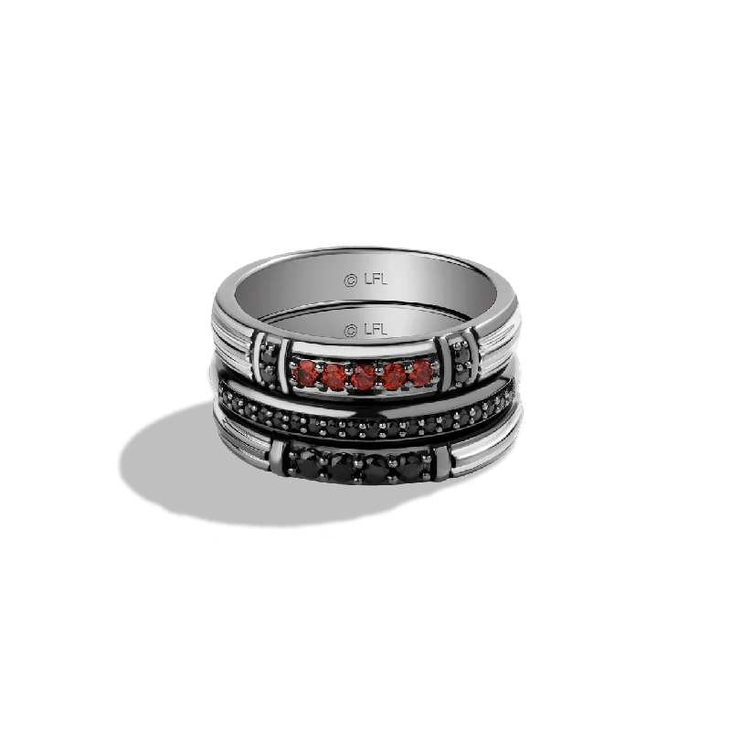 Minimalist stackable ring for women -DARTH VADER™ RING STACK in Black Rhodium over Sterling Silver with Black Diamonds and Garnet