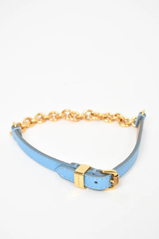 Ladies minimalist gold bangle bracelets -Burberry Blue Leather/Gold Toned Double Wrap Bracelet