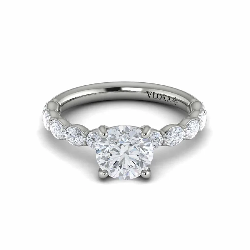 Ladies heart-shaped ring -Diamond Oval Side Engagement Ring in 14K White Gold