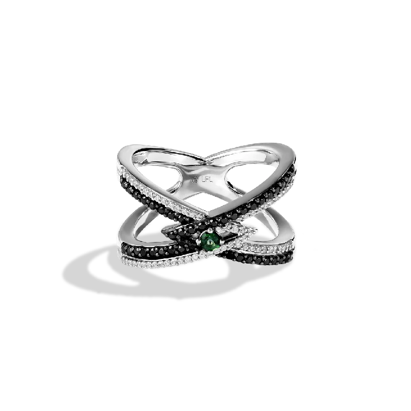 Dainty gemstone ring for ladies -LIGHT X DARK WOMEN'S RING, 1/2 CT.TW. Black and White Diamonds Green Diopside Accent Silver and Black Rhodium