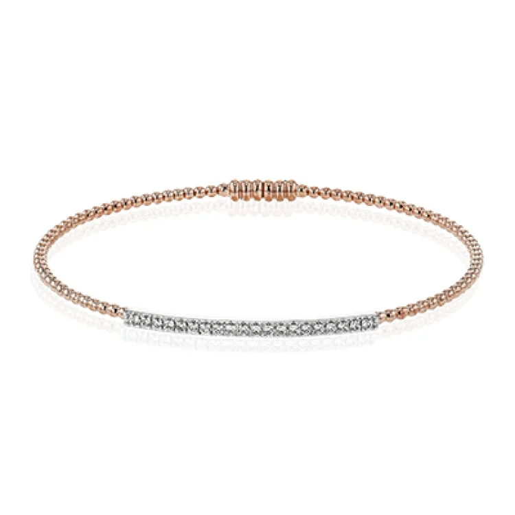 Delicate silver tennis bracelets for ladies -18K RG beaded bangle with a bar of shimmering diamonds in the center 0.28 ctw, and a magnetic closure