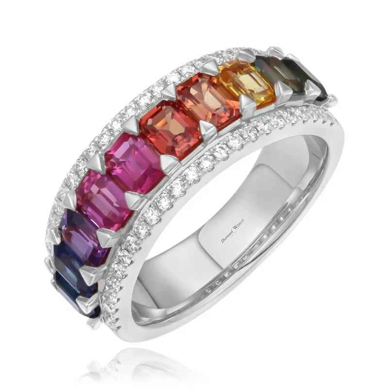 Vintage oval ring for ladies -Rectangular Multi Colour Sapphires & Diamonds Ring