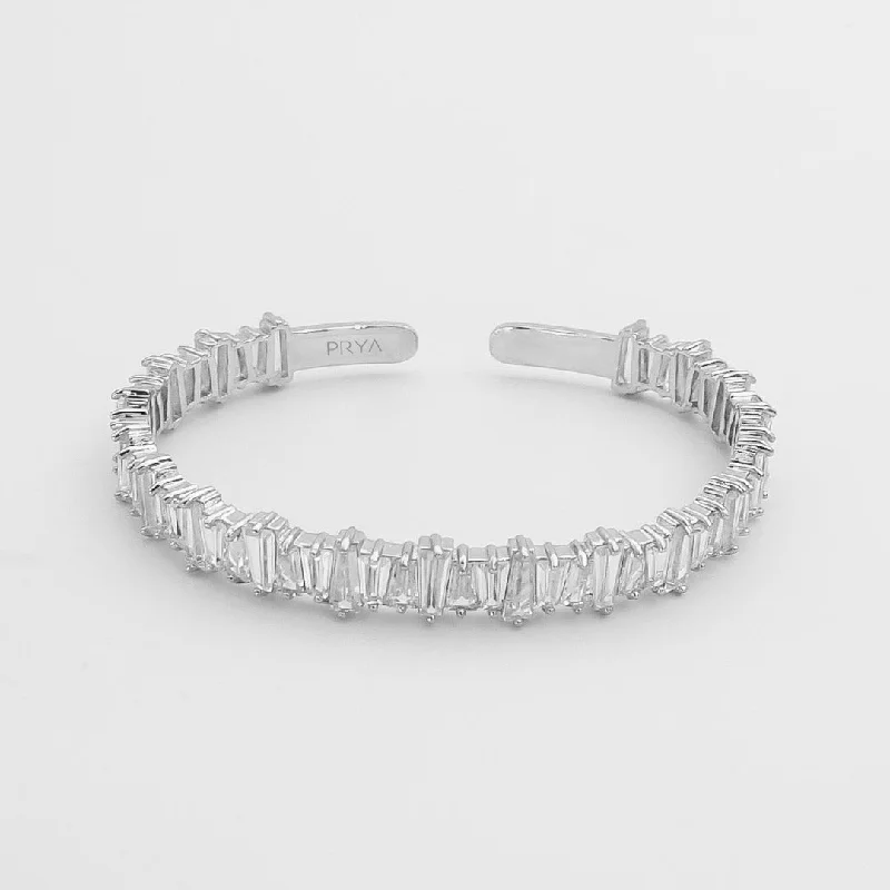 Ladies minimalist gold bangle bracelets -Jada Baguette CZ Bracelet Thick  | Silver