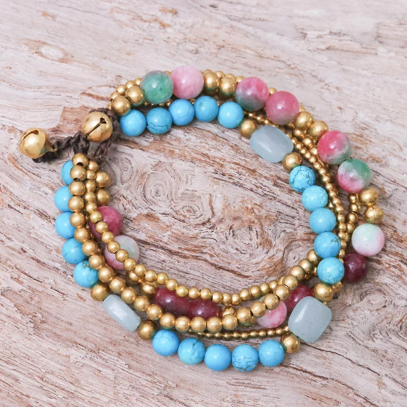 Ladies floral tennis bracelets -Bohemian Melange Multi-gemstone Beaded Bracelet with Ringing Brass Bells