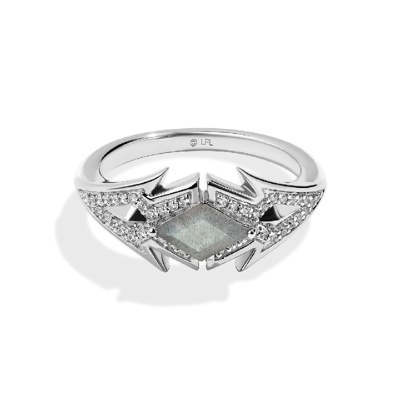 Ladies princess cut ring -AHSOKA TANO™ WOMEN'S RING 1/6 CT.TW. Diamonds and Grey Labradorite, Sterling Silver