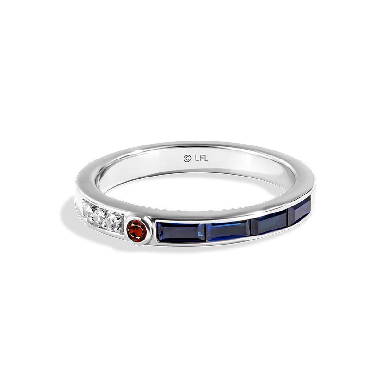 Modern gold ring for women -R2 SERIES WOMEN'S RING White Diamond Accent Garnet and Blue Sapphire 14K White Gold