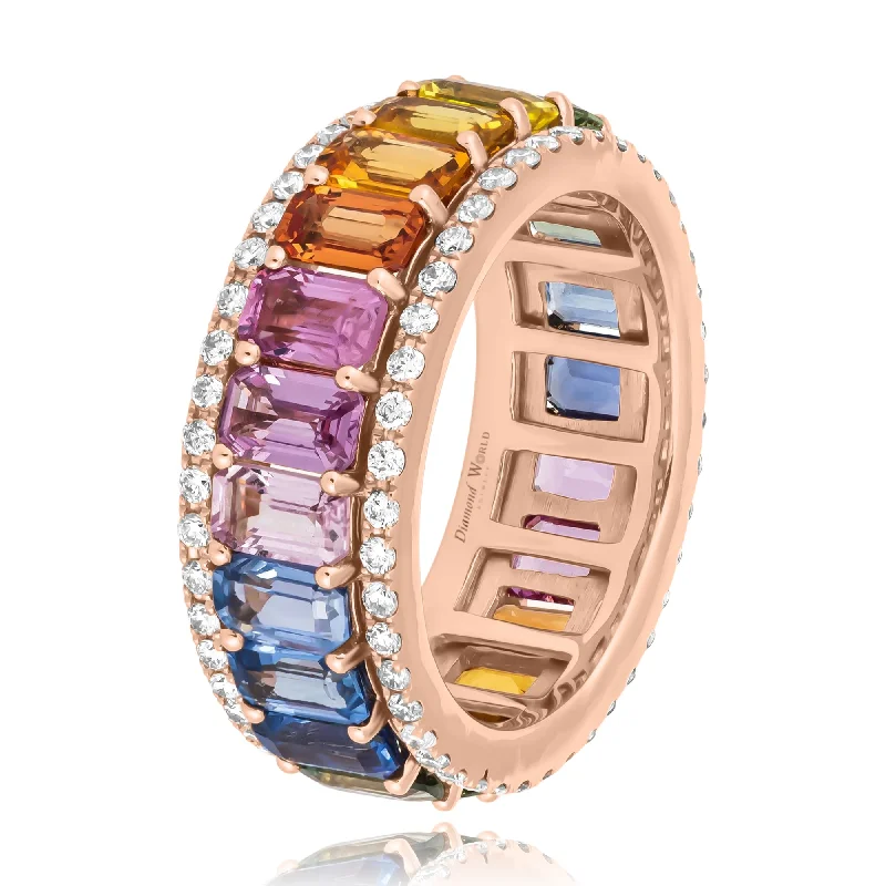 Ladies moonstone ring -Three Row Multi Colour Sapphires & Diamonds Eternity Ring